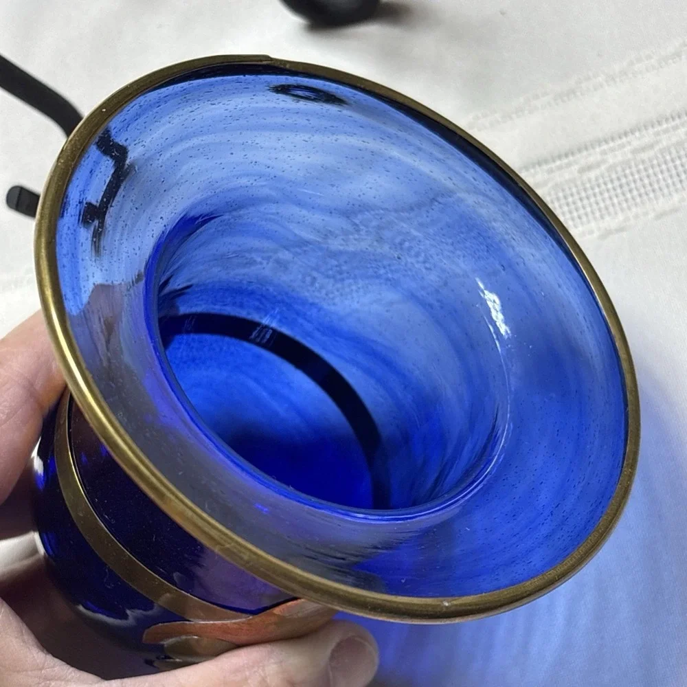 COBALT BLUE BLOWN GLASS COPPER BRASS FLOWER WROUGHT IRON VOTIVE CANDLE HOLDER
